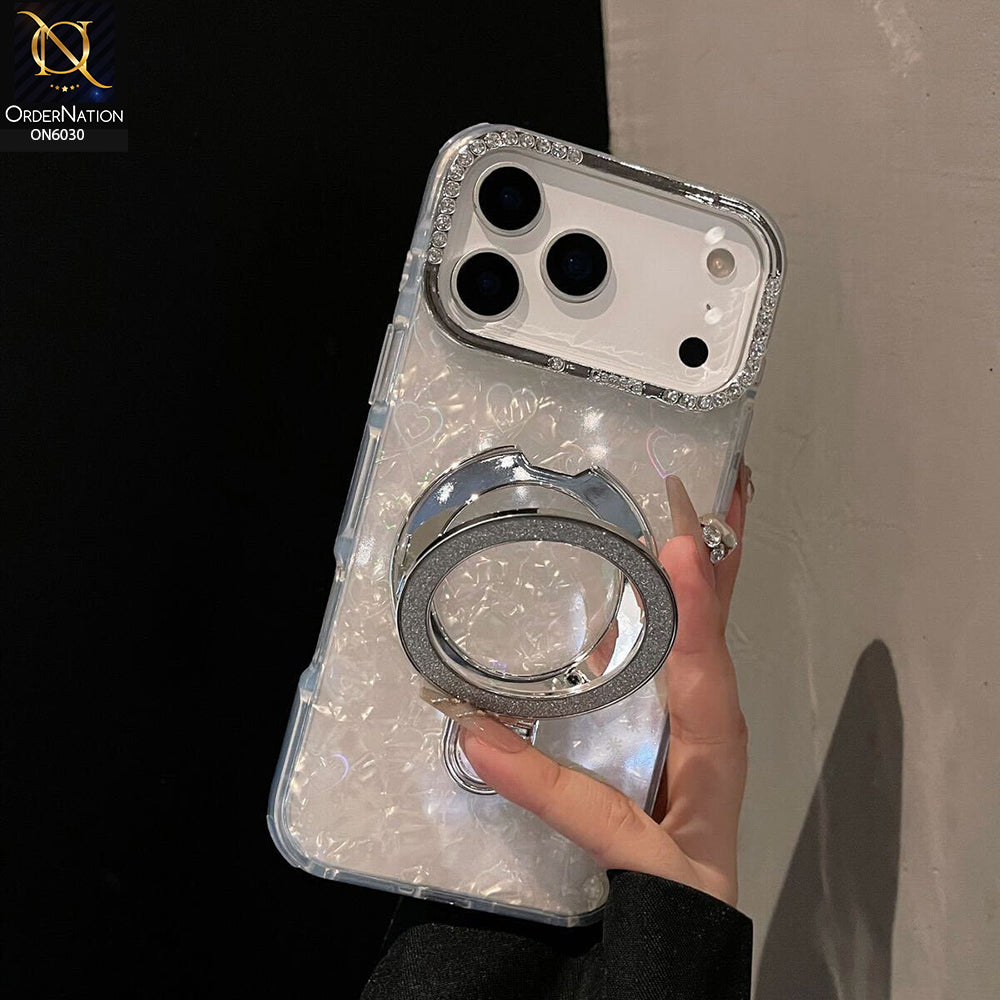 iPhone 17 Pro Max Cover - White  - Luxury Round Edged Shell, Diamond Inlaid Magnetic Stand Holder, Shockproof Anti-Slip Protective Rear Cover