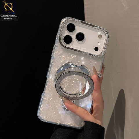 iPhone 17 Pro Max Cover - White  - Luxury Round Edged Shell, Diamond Inlaid Magnetic Stand Holder, Shockproof Anti-Slip Protective Rear Cover