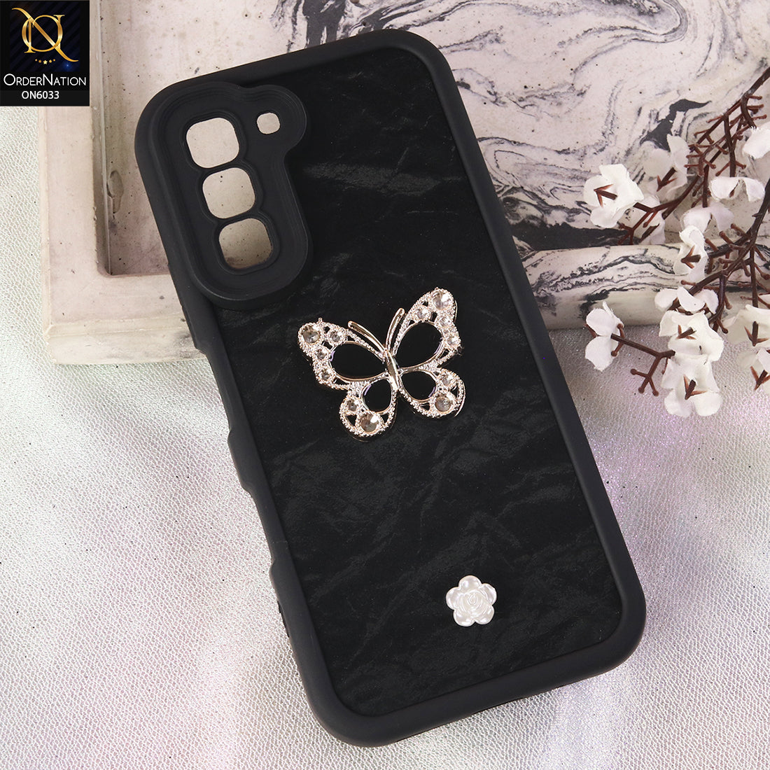 Infinix Hot 70 Cover  - Black - Elegant 3D Rhinestone Butterfly Premium Phone Cover