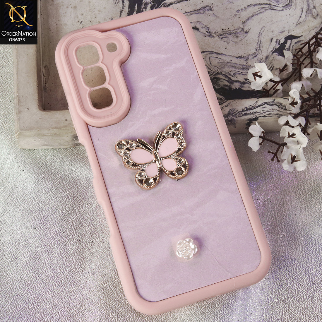 Infinix Hot 70 Cover  - Pink - Elegant 3D Rhinestone Butterfly Premium Phone Cover