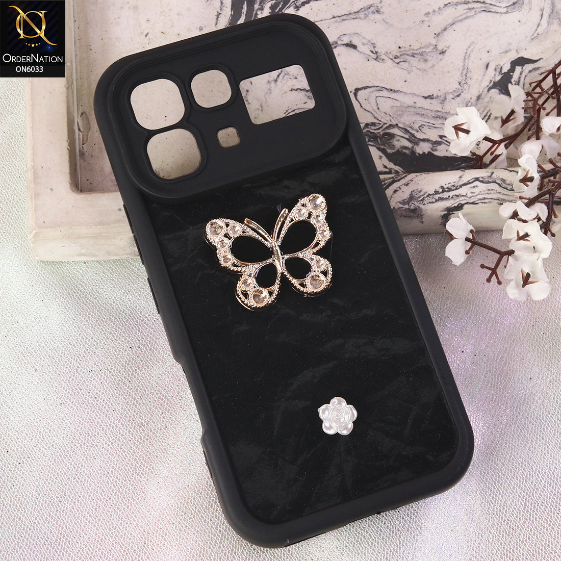Infinix Note 60 Pro Cover  - Black - Elegant 3D Rhinestone Butterfly Premium Phone Cover
