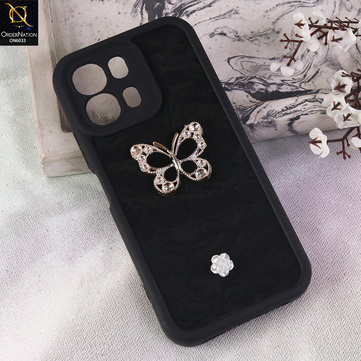 Oppo A6 4G Cover  - Black - Elegant 3D Rhinestone Butterfly Premium Phone Cover