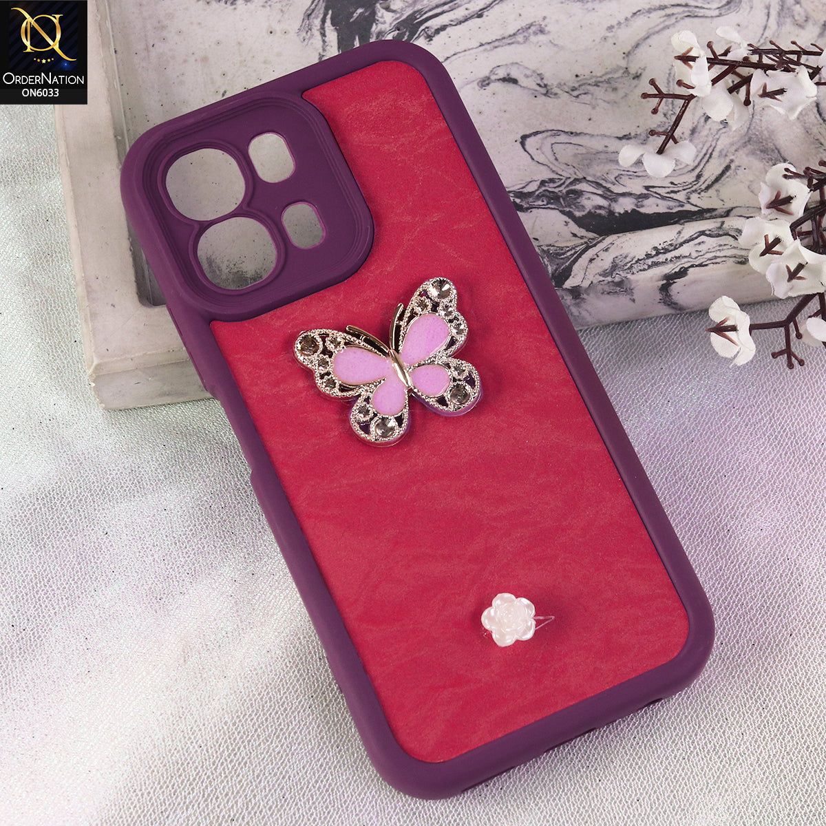 Oppo A6c Cover  - Maroon - Elegant 3D Rhinestone Butterfly Premium Phone Cover