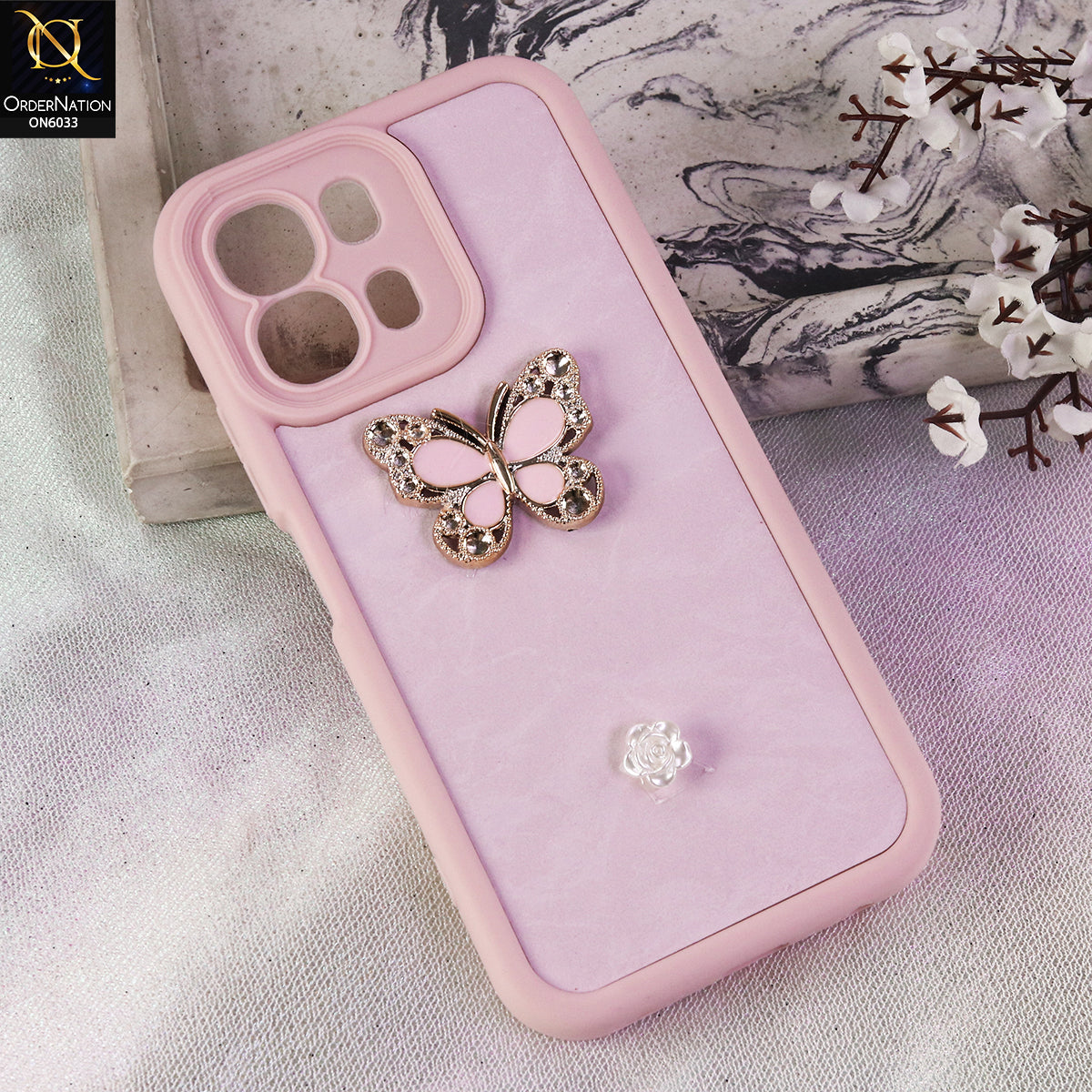 Oppo A6v Cover  - Pink - Elegant 3D Rhinestone Butterfly Premium Phone Cover