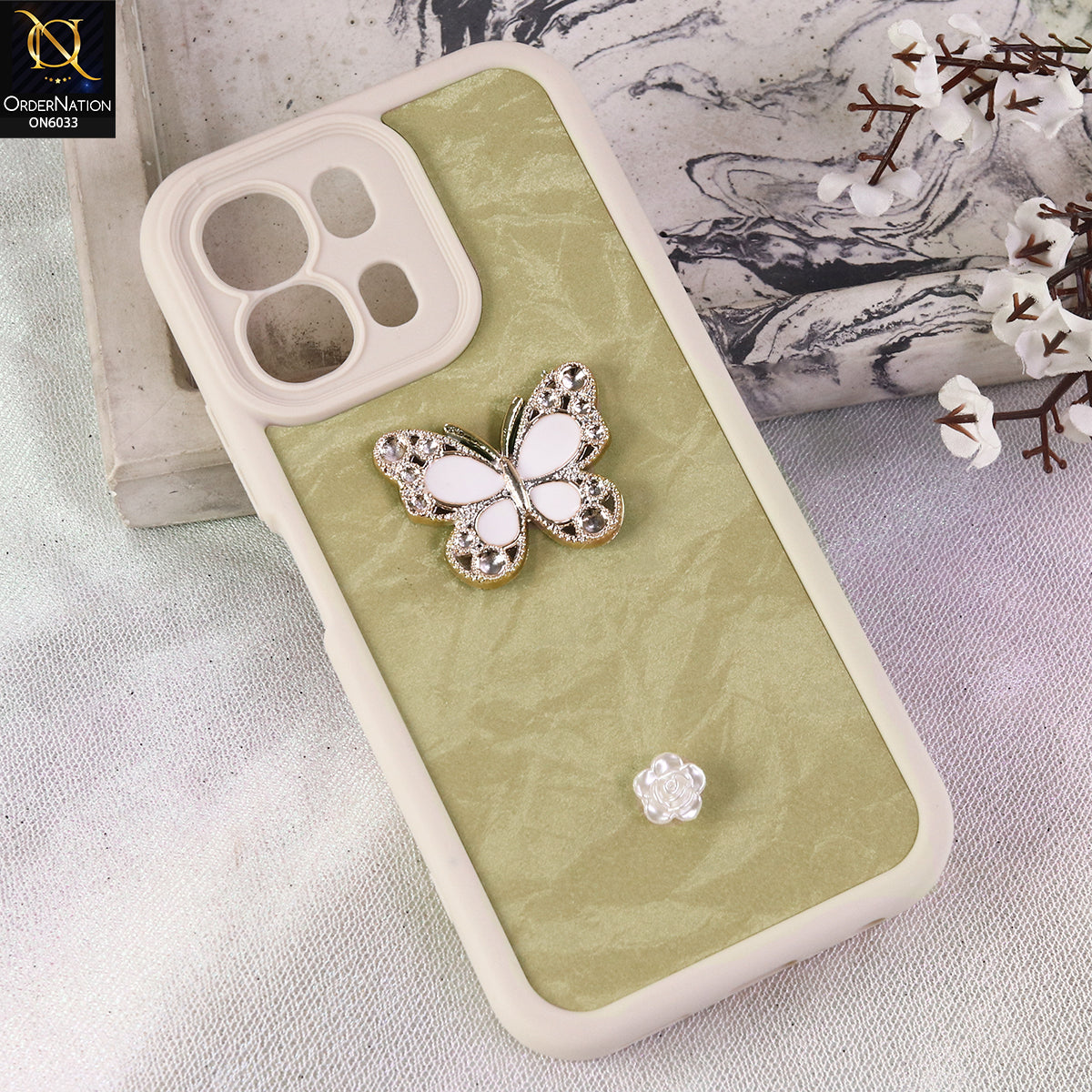 Oppo A6c Cover  - White - Elegant 3D Rhinestone Butterfly Premium Phone Cover