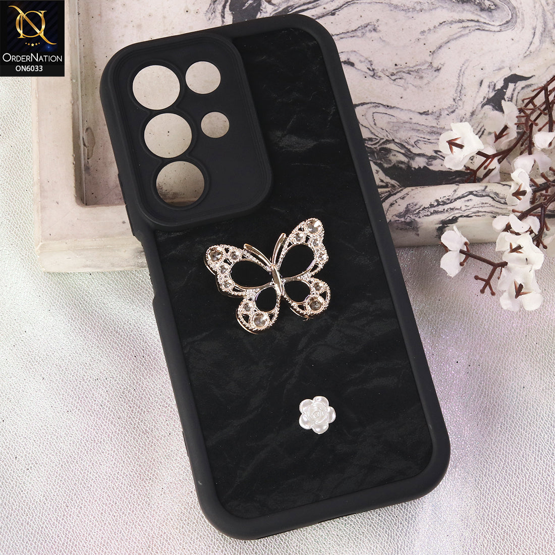 Realme C85 Cover  - Black - Elegant 3D Rhinestone Butterfly Premium Phone Cover