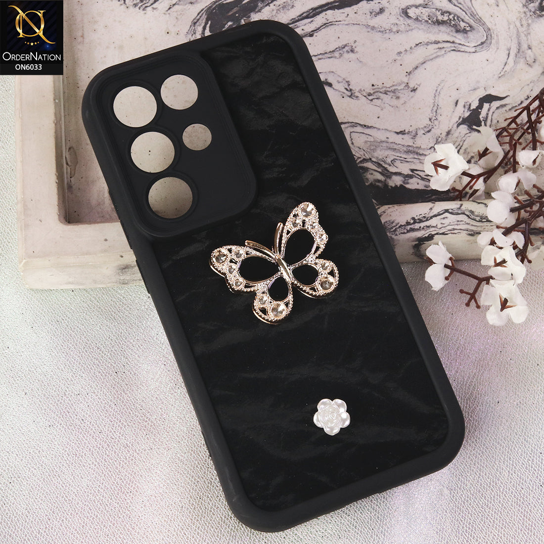 Realme C85 Pro Cover  - Black - Elegant 3D Rhinestone Butterfly Premium Phone Cover