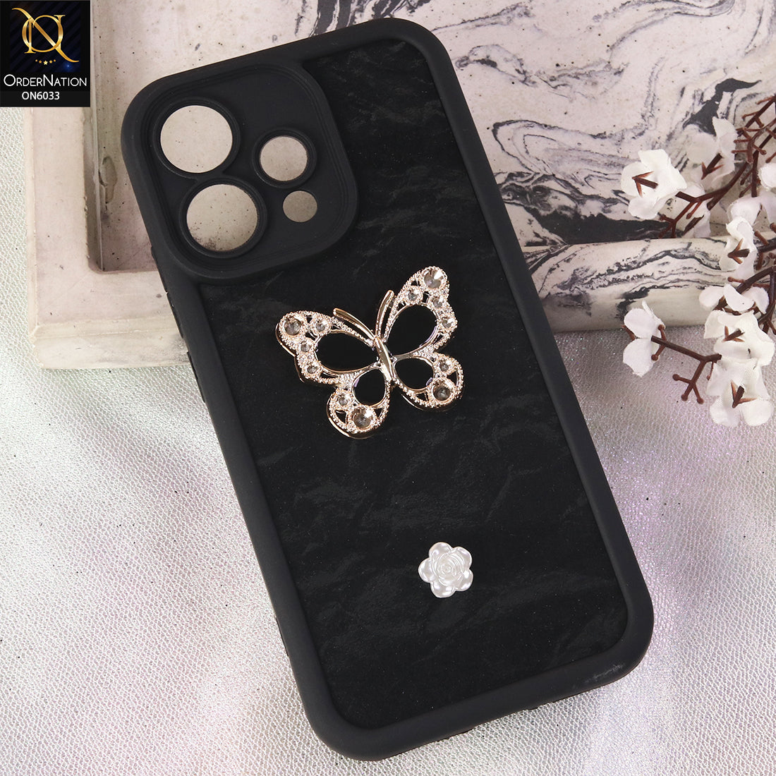 Oppo Reno 15c Cover  - Black - Elegant 3D Rhinestone Butterfly Premium Phone Cover