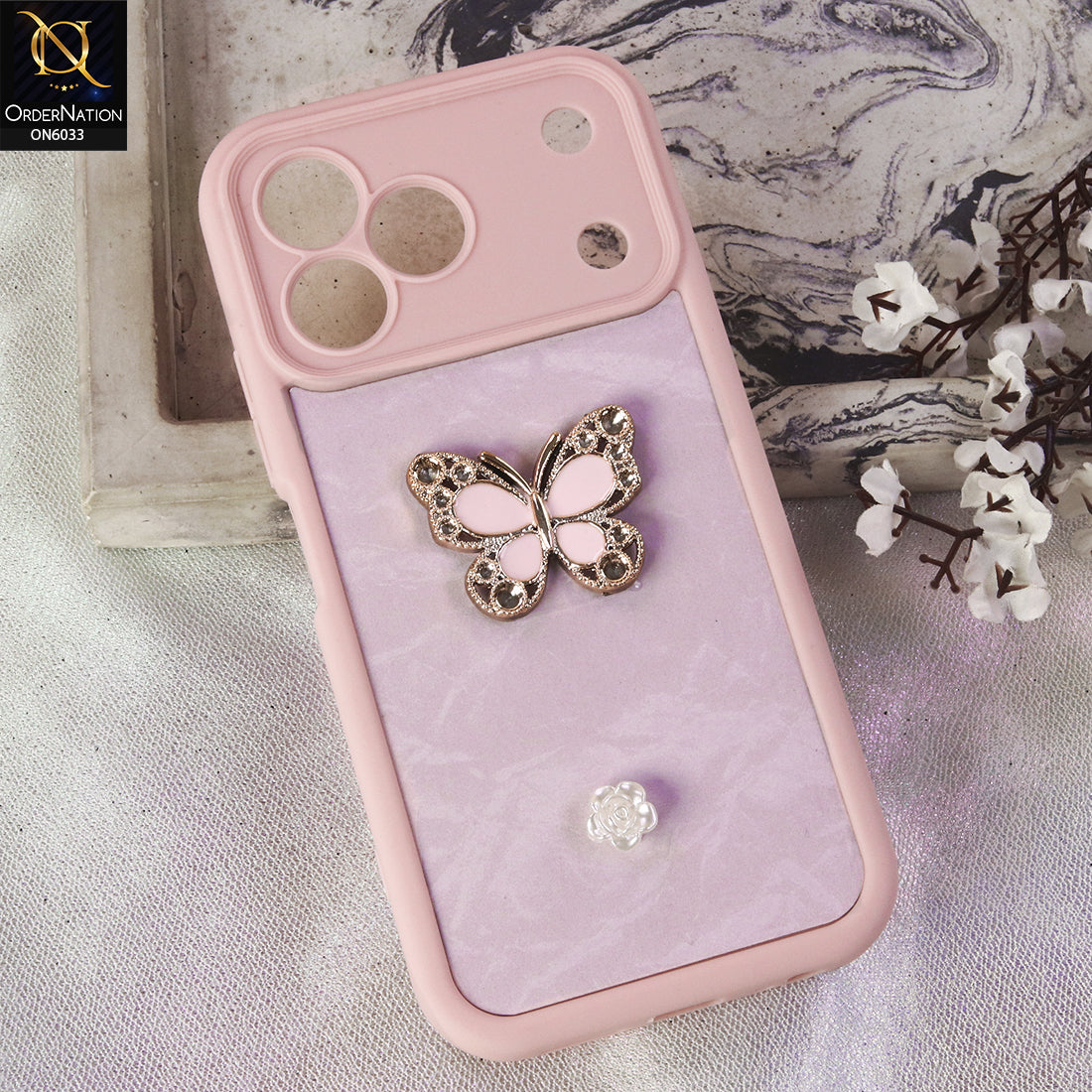 Tecno Spark 50 4g Cover  - Pink - Elegant 3D Rhinestone Butterfly Premium Phone Cover