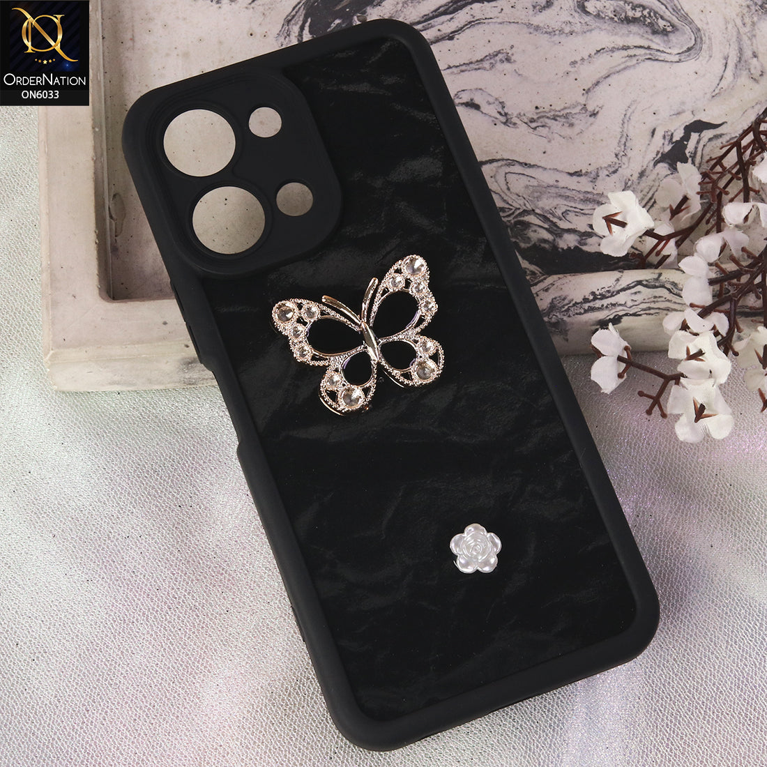 Tecno Spark Go 3 Cover  - Black - Elegant 3D Rhinestone Butterfly Premium Phone Cover