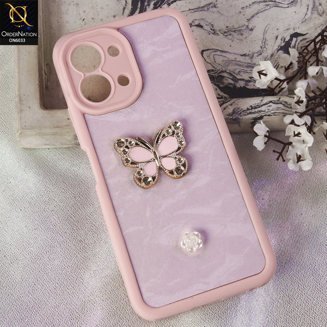 Vivo Y05 Cover - Pink - Elegant 3D Rhinestone Butterfly Premium Phone Cover