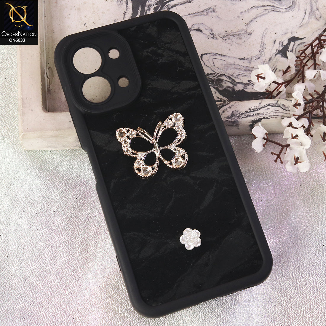 Vivo Y05 Cover  - Black - Elegant 3D Rhinestone Butterfly Premium Phone Cover