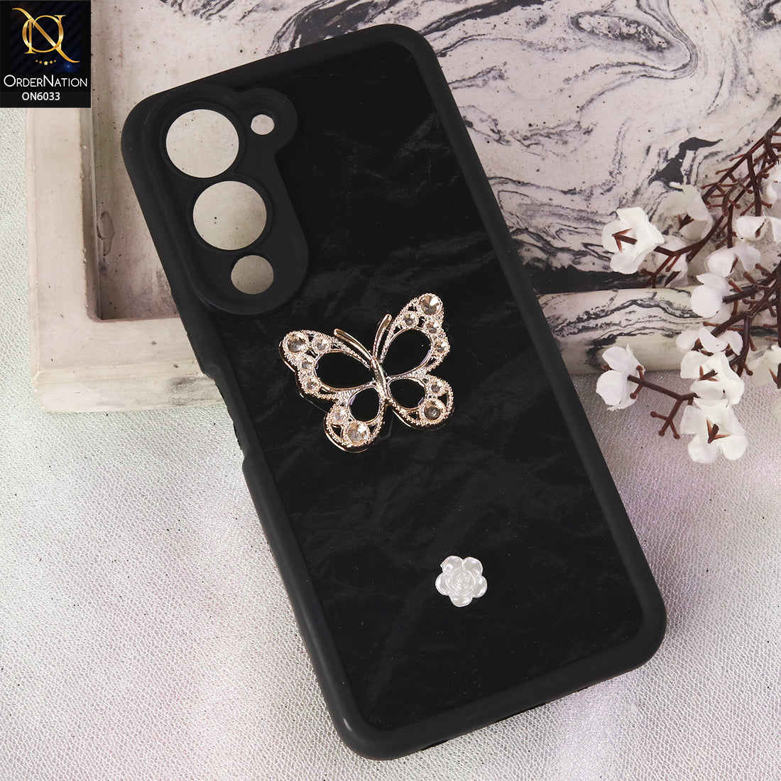 Vivo Y04 Cover  - Black - Elegant 3D Rhinestone Butterfly Premium Phone Cover
