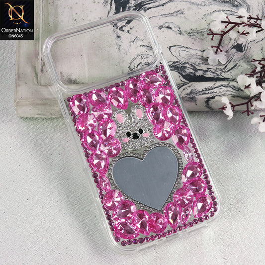 iPhone 17 Pro Max Cover  - Pink - Heart Mirror Case with Diamond Stone Design and Luxury Sparkle Finish