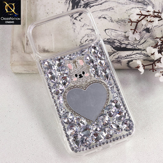 iPhone 17 Pro Max Cover  - White - Heart Mirror Case with Diamond Stone Design and Luxury Sparkle Finish