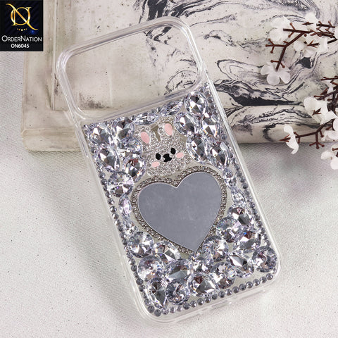 iPhone 17 Pro Max Cover  - White - Heart Mirror Case with Diamond Stone Design and Luxury Sparkle Finish