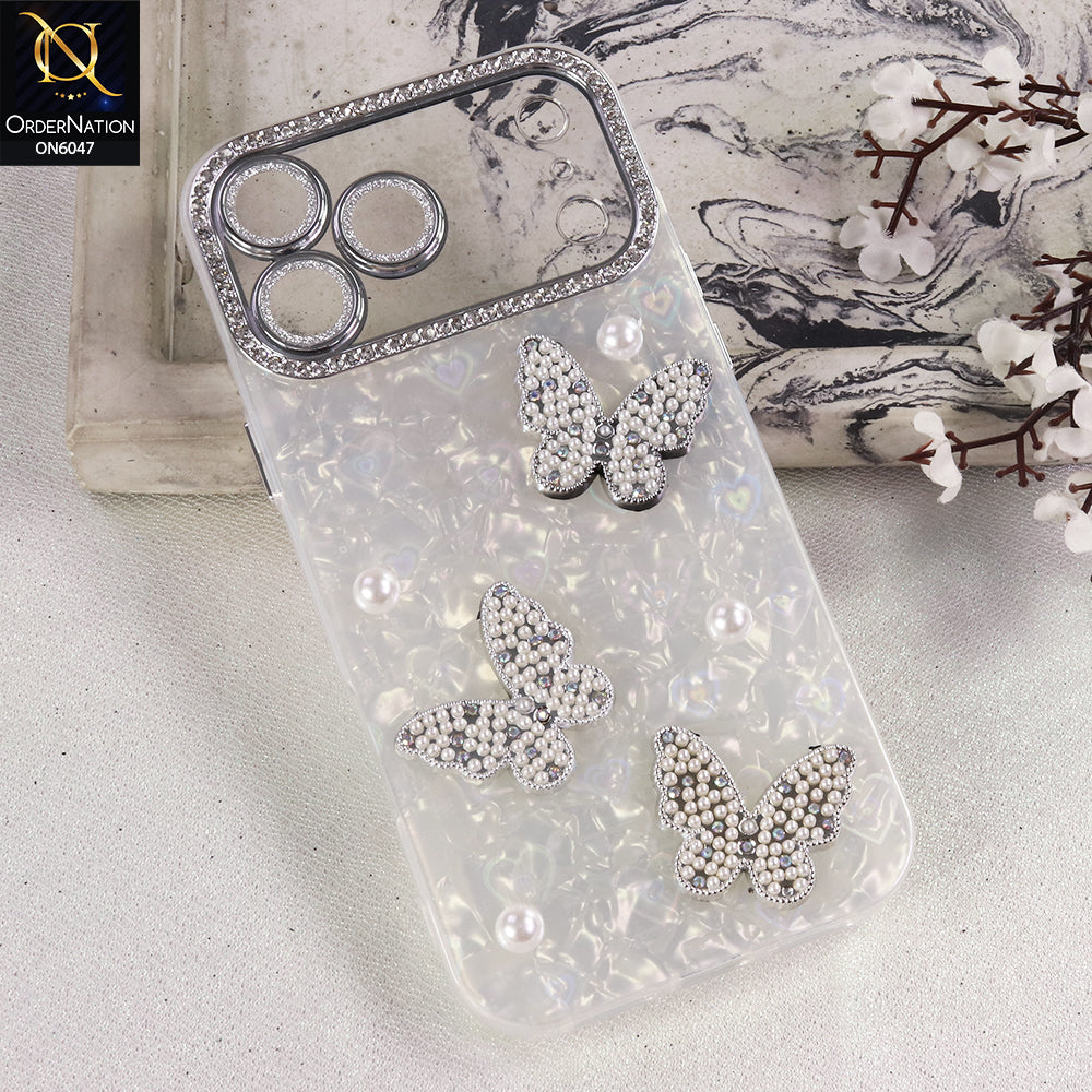 iPhone 17 Pro Max Cover  - White - Pearl Butterfly Case with Rhinestone Camera Protection and Luxury 3D Design