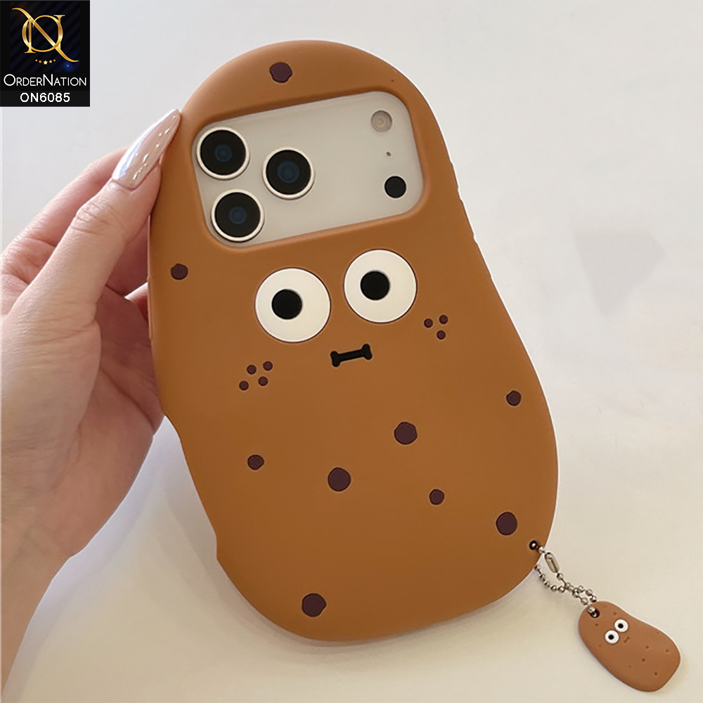 iPhone 17 Pro Max Cover - Brown - 3D Cute Kawaii Potato Mocha Brown Silicone Phone Case Funny Face Soft Cover with Charm