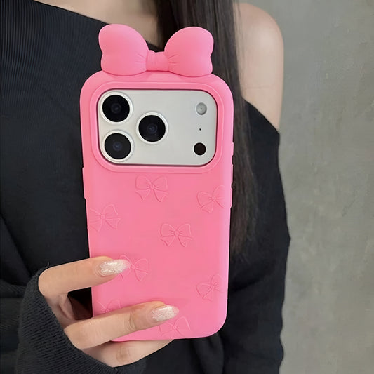 iPhone 17 Pro Max Cover - Dark Pink - 3D Cute Dark Pink Bow Silicone Phone Case - Ribbon Knot Soft Cover