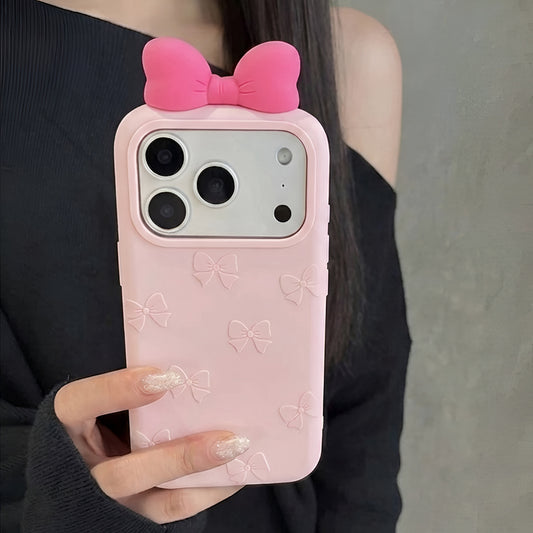 iPhone 17 Pro Max Cover - Light Pink - 3D Cute Pink Bow Silicone Phone Case - Ribbon Knot Soft Cover