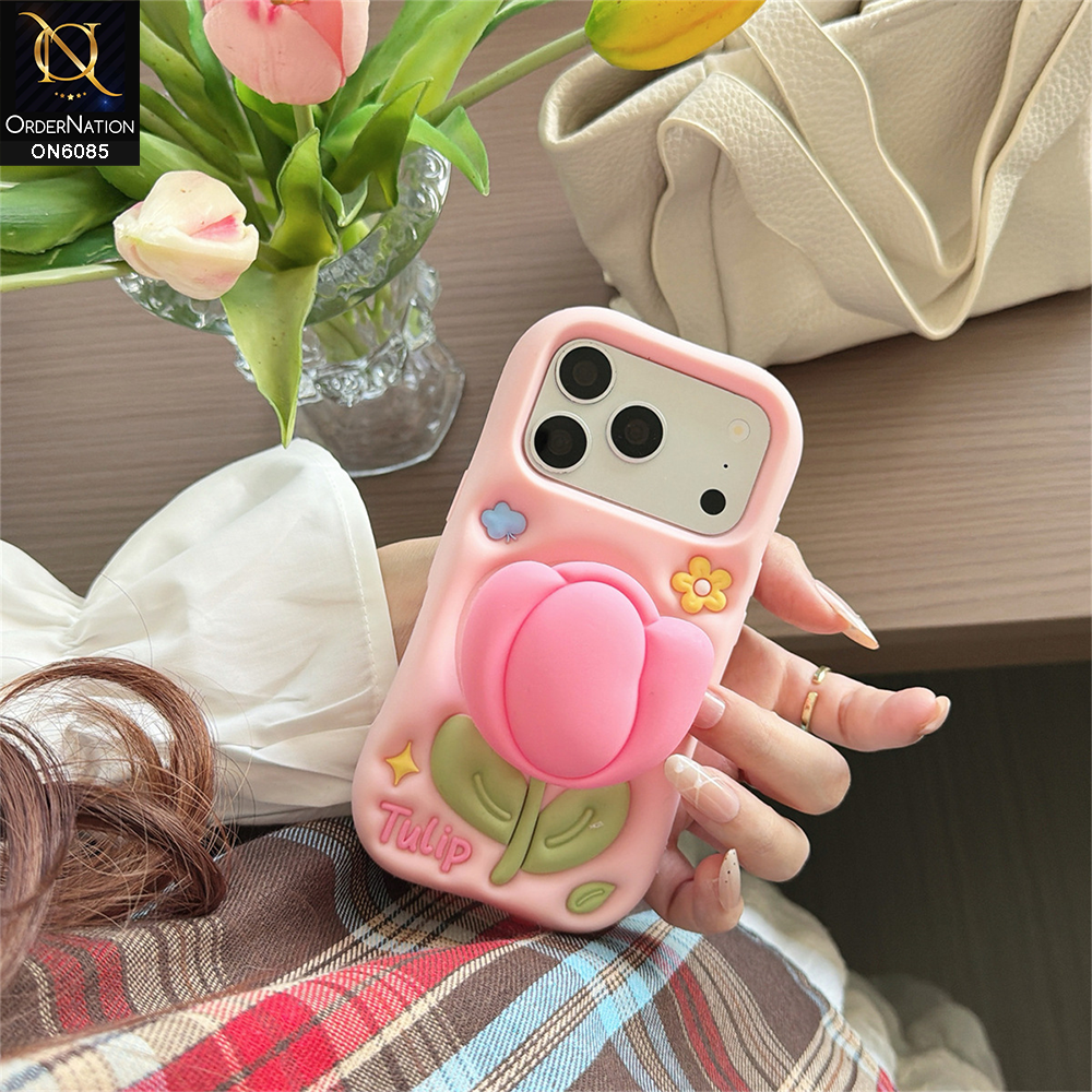 iPhone 17 Pro Max Cover - Pink - 3D Cute Pink Tulip Silicone Phone Case - Floral Soft Cover