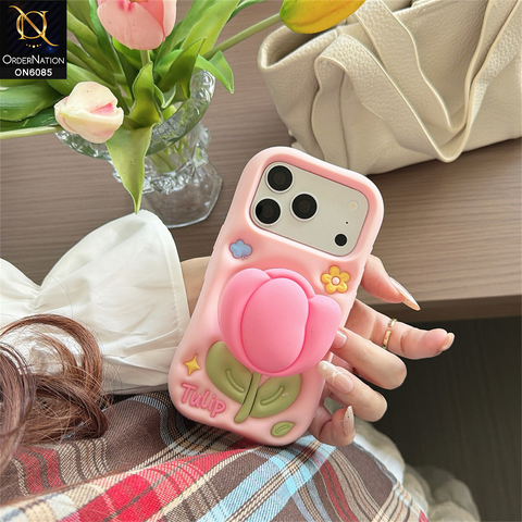 iPhone 17 Pro Max Cover - Pink - 3D Cute Pink Tulip Silicone Phone Case - Floral Soft Cover
