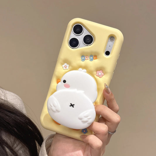 iPhone 17 Pro Max Cover - Yellow - 3D Cute White Bird Yellow Silicone Phone Case - Floral Soft Cover
