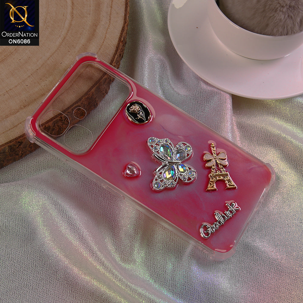 Infinix Smart 20 Cover - Pink- 3D Butterfly & Perfume Bottle Shinny Case Seamless Clear Borders Phone Cover