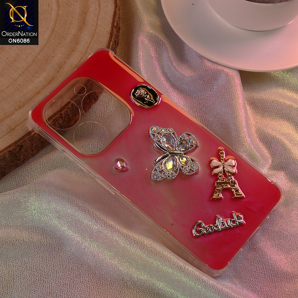 Infinix Smart 8 Plus Cover - Pink- 3D Butterfly & Perfume Bottle Shinny Case Seamless Clear Borders Phone Cover