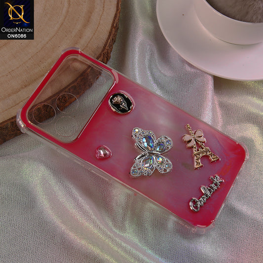 Tecno Spark 50 4G Cover - Pink- 3D Butterfly & Perfume Bottle Shinny Case Seamless Clear Borders Phone Cover