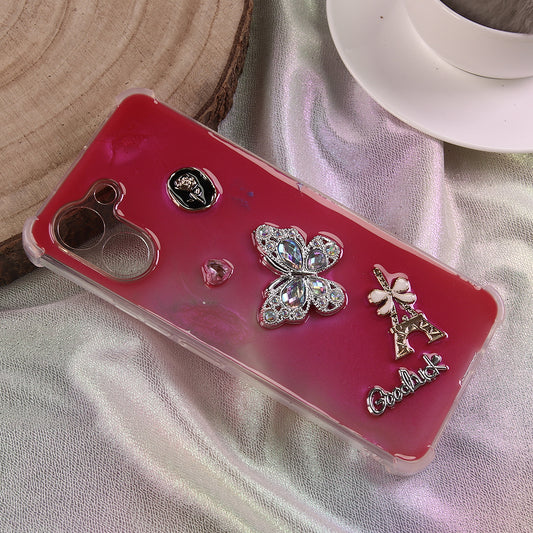 Tecno Spark Go 3 Cover - Pink- 3D Butterfly & Perfume Bottle Shinny Case Seamless Clear Borders Phone Cover