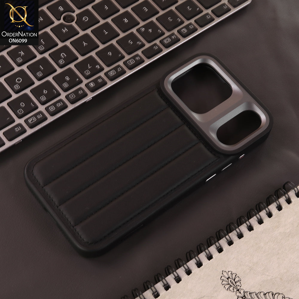 iPhone 17 Pro Cover  - Black - Luxury Vertical Striped Quilted Leather Back Cover for iPhone | Premium Padded Stitch Mobile Case