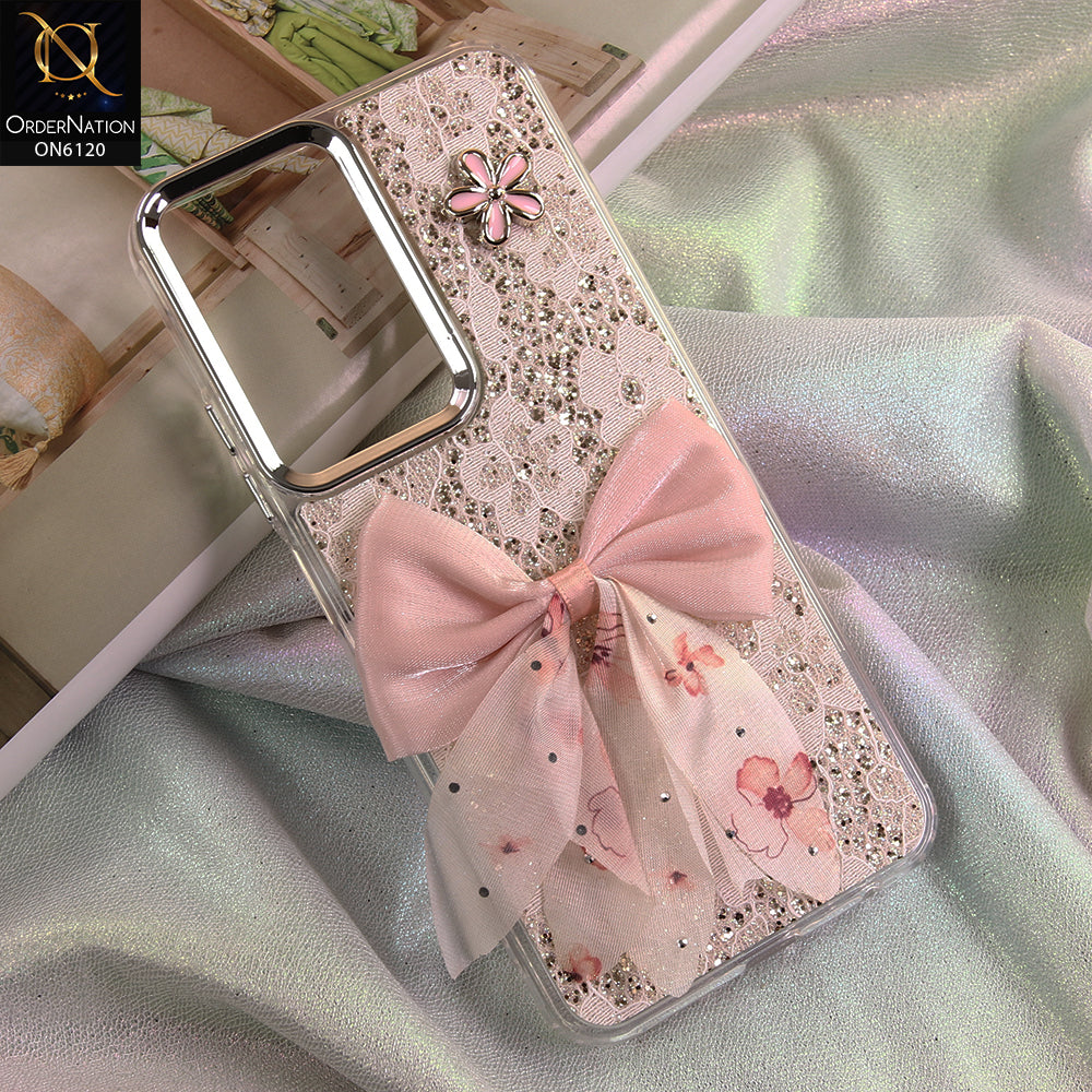 Xiaomi Redmi A7 Pro Cover - Off White - Shockproof Clear Edge Bumper Case with Premium Glitter & 3D Ribbon Cover