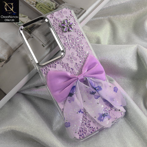Xiaomi Redmi A7 Pro Cover - Purple - Shockproof Clear Edge Bumper Case with Premium Glitter & 3D Ribbon Cover