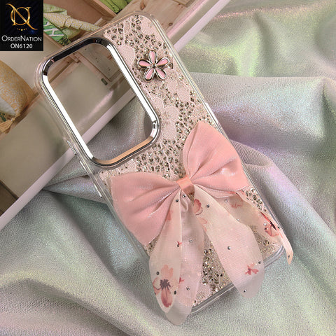 Tecno Camon 50 4G  Cover - Off White - Shockproof Clear Edge Bumper Case with Premium Glitter & 3D Ribbon Cover