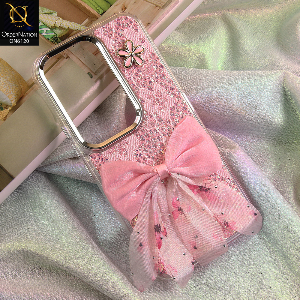 Tecno Camon 50 Ultra Cover - Pink - Shockproof Clear Edge Bumper Case with Premium Glitter & 3D Ribbon Cover
