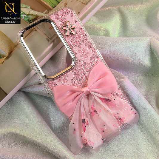 Tecno Camon 50 Ultra Cover - Pink - Shockproof Clear Edge Bumper Case with Premium Glitter & 3D Ribbon Cover