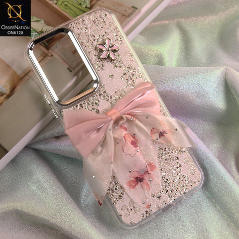 Infinix Hot 70 Cover - Off White - Shockproof Clear Edge Bumper Case with Premium Glitter & 3D Ribbon Cover