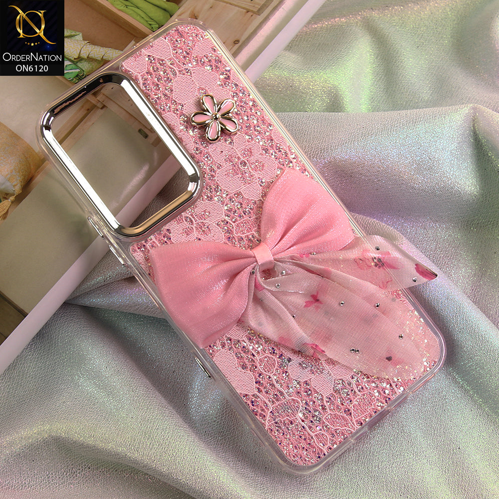 Infinix Hot 70 Cover - Pink - Shockproof Clear Edge Bumper Case with Premium Glitter & 3D Ribbon Cover