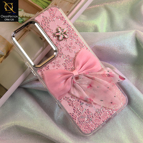 Infinix Hot 70 Cover - Pink - Shockproof Clear Edge Bumper Case with Premium Glitter & 3D Ribbon Cover