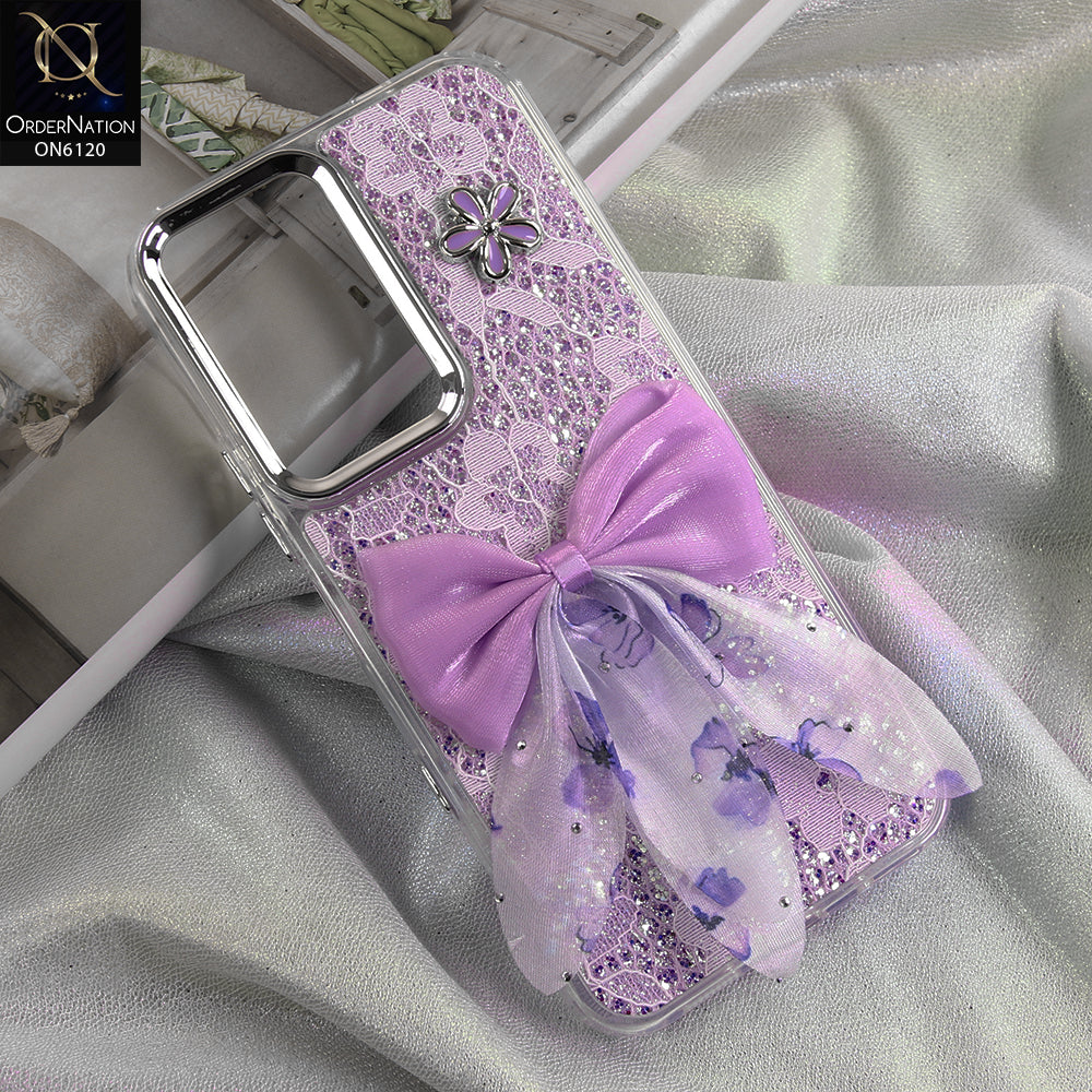 Infinix Hot 70 Cover - Purple - Shockproof Clear Edge Bumper Case with Premium Glitter & 3D Ribbon Cover