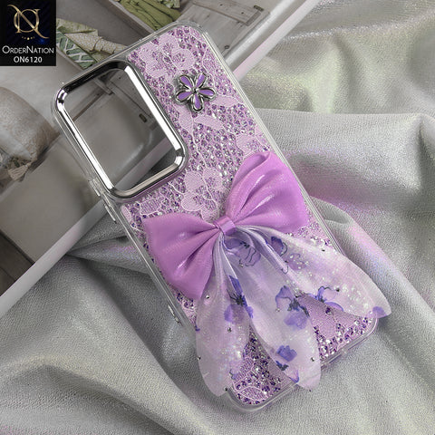 Infinix Hot 70 Cover - Purple - Shockproof Clear Edge Bumper Case with Premium Glitter & 3D Ribbon Cover