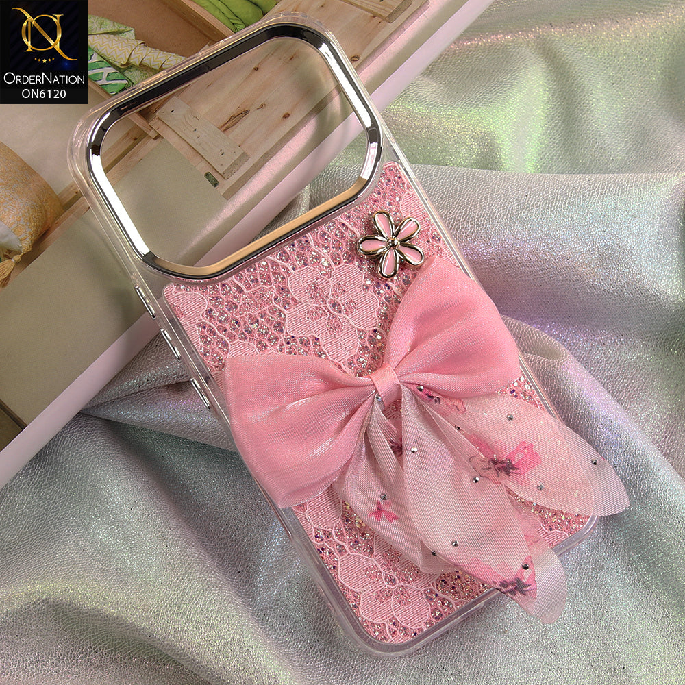 Infinix Note 60 Cover - Pink - Shockproof Clear Edge Bumper Case with Premium Glitter & 3D Ribbon Cover