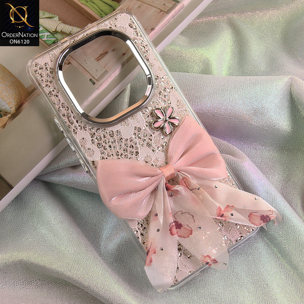Xiaomi Redmi Note 15 Cover - Off White - Shockproof Clear Edge Bumper Case with Premium Glitter & 3D Ribbon Cover