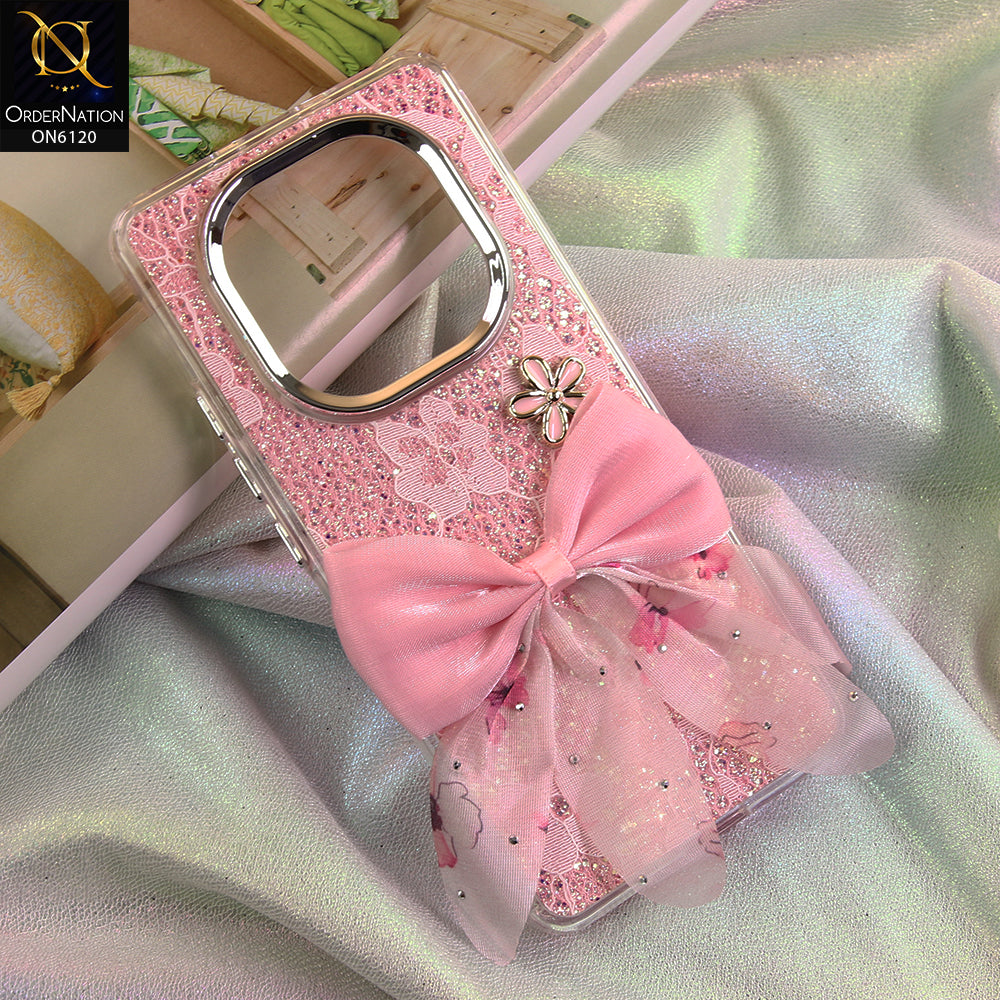 Xiaomi Redmi Note 15 Cover - Pink - Shockproof Clear Edge Bumper Case with Premium Glitter & 3D Ribbon Cover