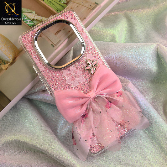 Xiaomi Redmi Note 15 Cover - Pink - Shockproof Clear Edge Bumper Case with Premium Glitter & 3D Ribbon Cover