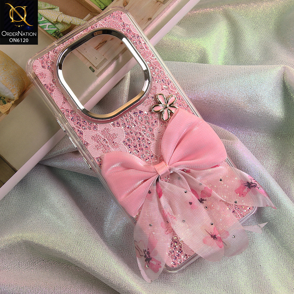 Xiaomi Redmi Note 15 Pro Cover - Pink - Shockproof Clear Edge Bumper Case with Premium Glitter & 3D Ribbon Cover