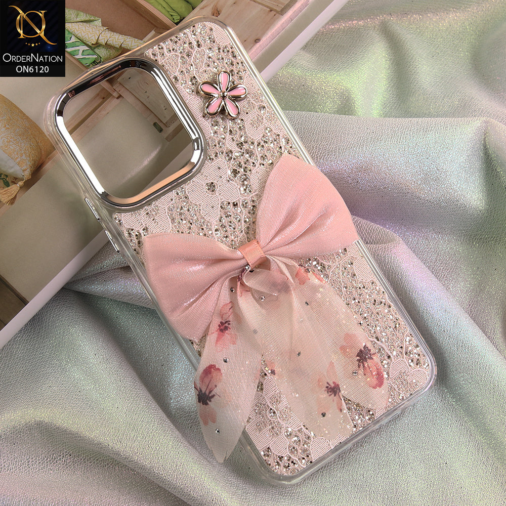 Oppo A6c Cover - Off White - Shockproof Clear Edge Bumper Case with Premium Glitter & 3D Ribbon Cover
