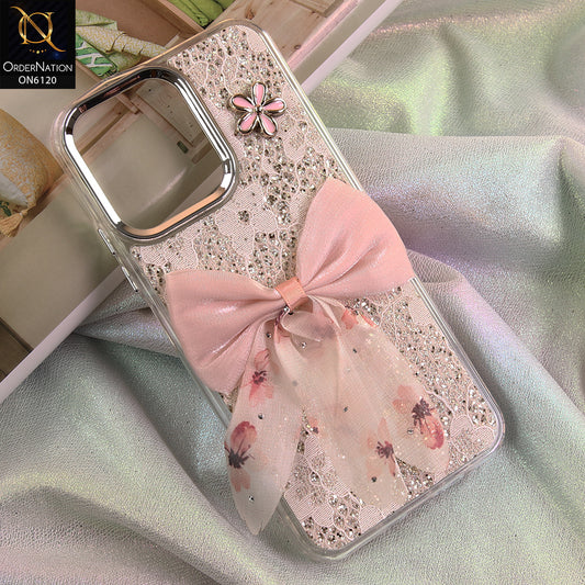 Oppo A6x 4G Cover - Off White - Shockproof Clear Edge Bumper Case with Premium Glitter & 3D Ribbon Cover