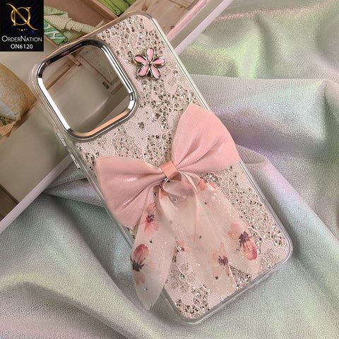 Oppo A6c Cover - Off White - Shockproof Clear Edge Bumper Case with Premium Glitter & 3D Ribbon Cover